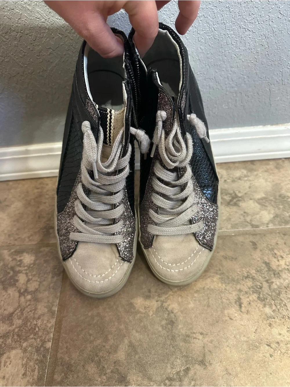 Women’s Shu Shop Black and Silver High-Top Sneakers - Fashion Glitter Accent